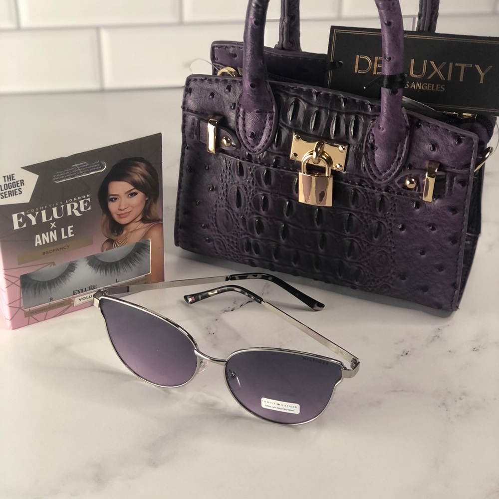 Small Purple Purse with Lashes And Sunglasses